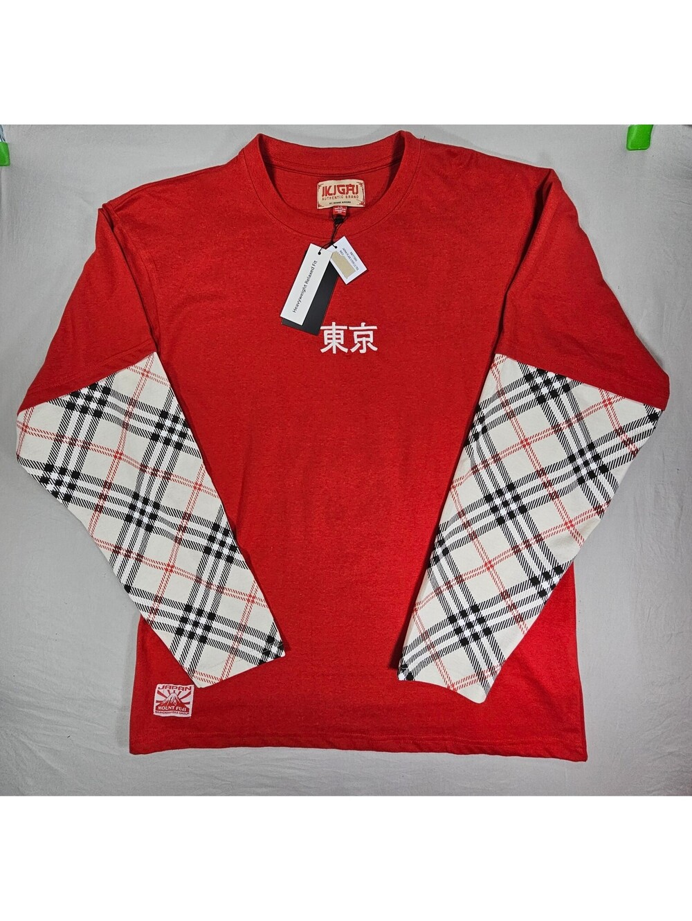Brand Makers Group Men's Red Long Sleeve Shirt with Plaid Sleeves. Size L. NWT